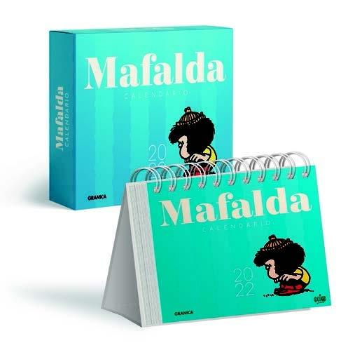 Calendario Mafalda 2022, "calendario de escritorio azul claro con caja"